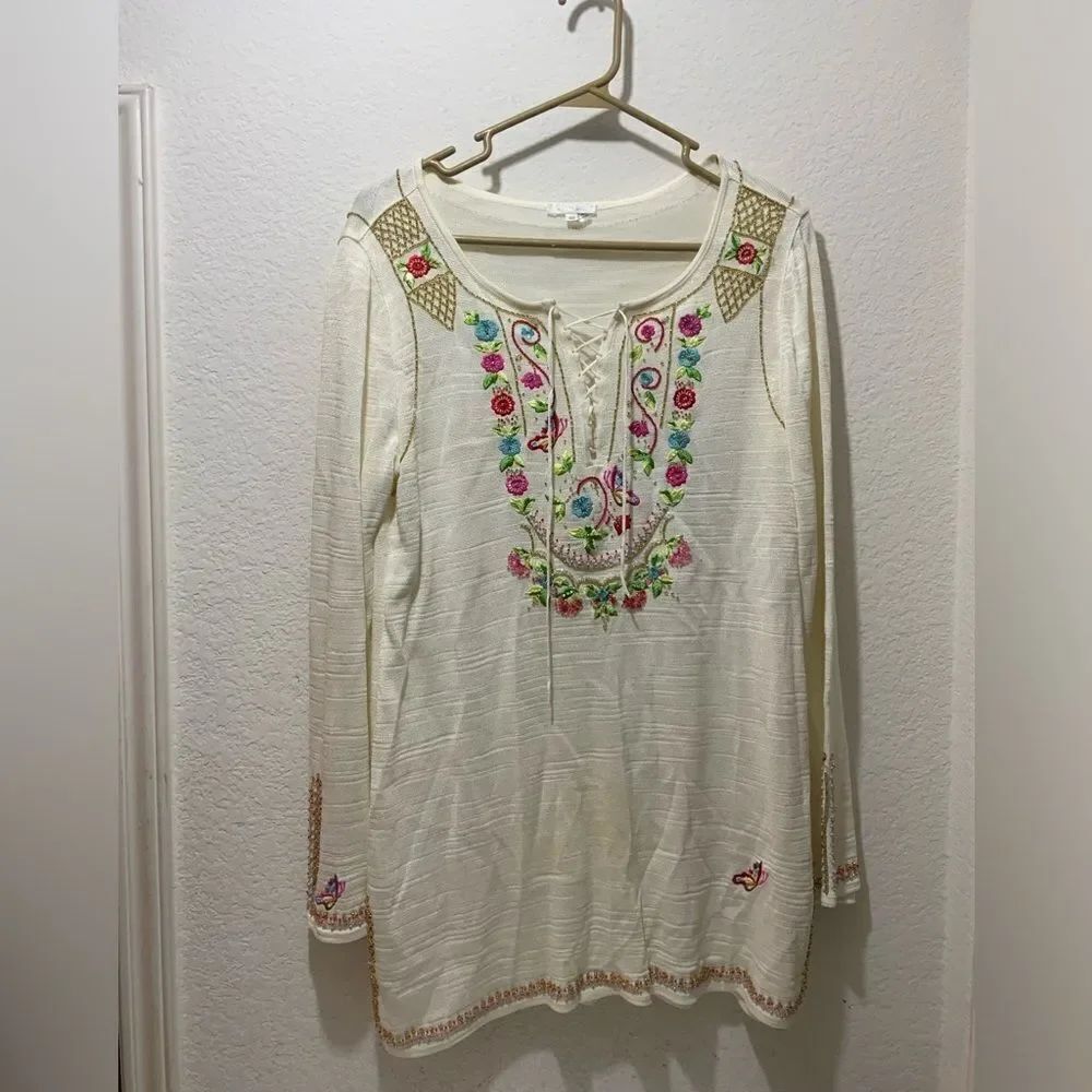 Escada Top Womens 40 Ivory floral Beaded Embellished embroidered